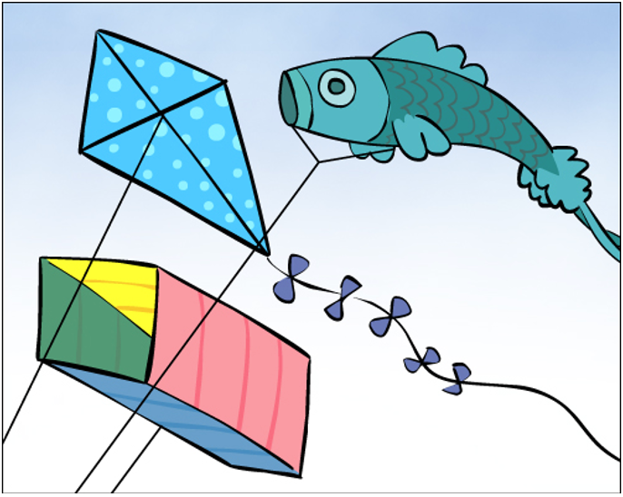 Three kites flying in the sky: blue diamond, rectangular with yellow and pink, and a fish kite.