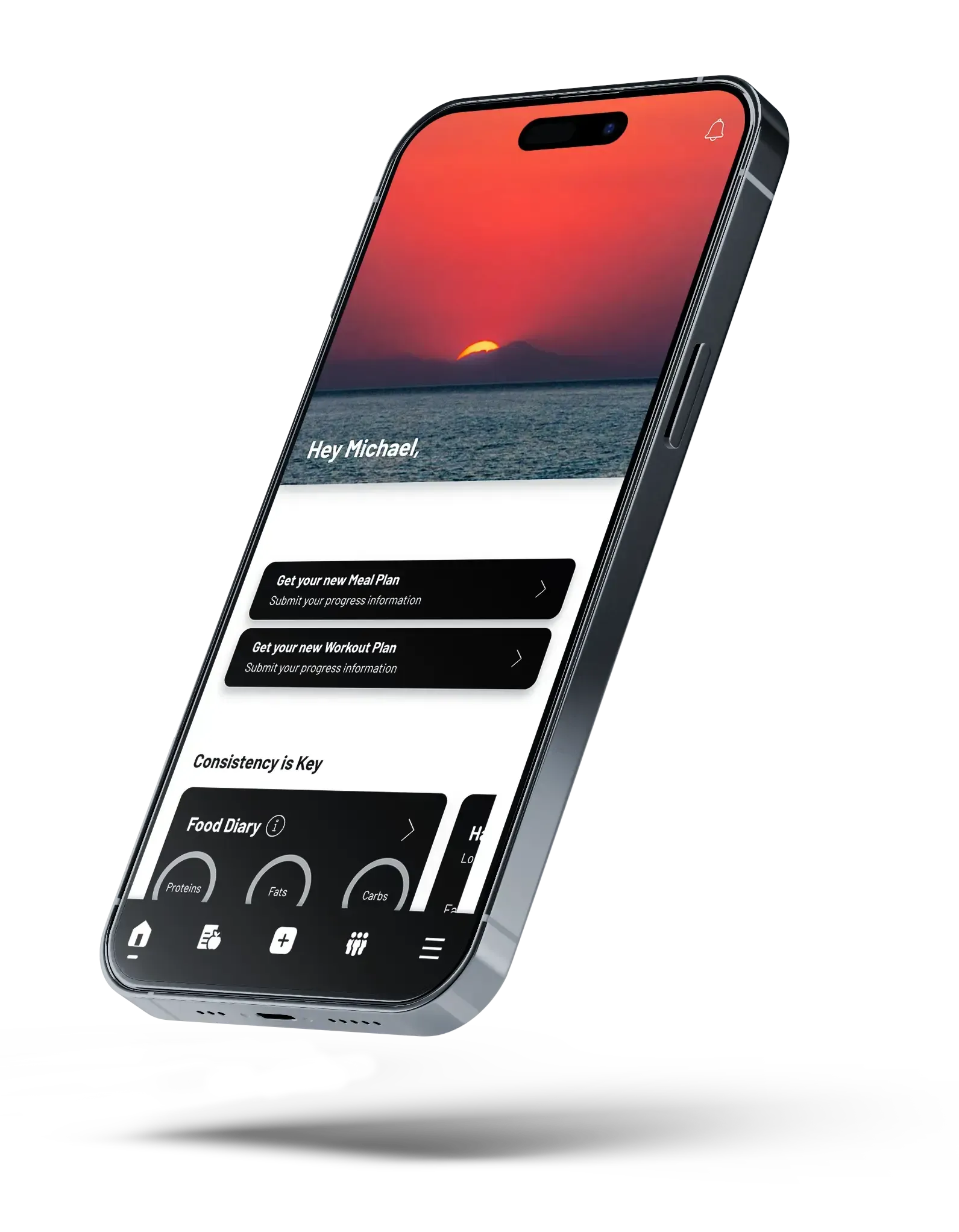 Smartphone mockup displaying a profile with text, a photo of a person, and black and white user interface.