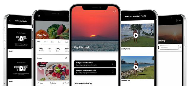 Smartphone mockup displaying a profile with text, a photo of a person, and black and white user interface.