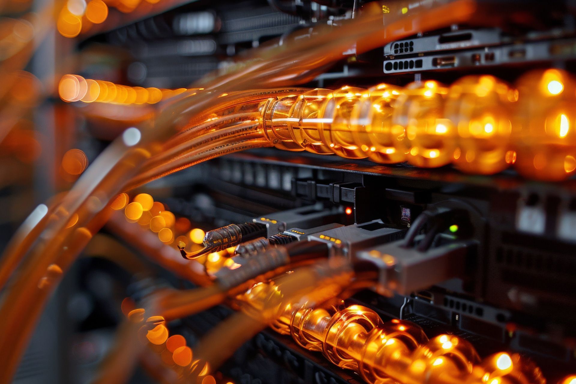 Orange fiber optic cables plugged into a server, glowing.