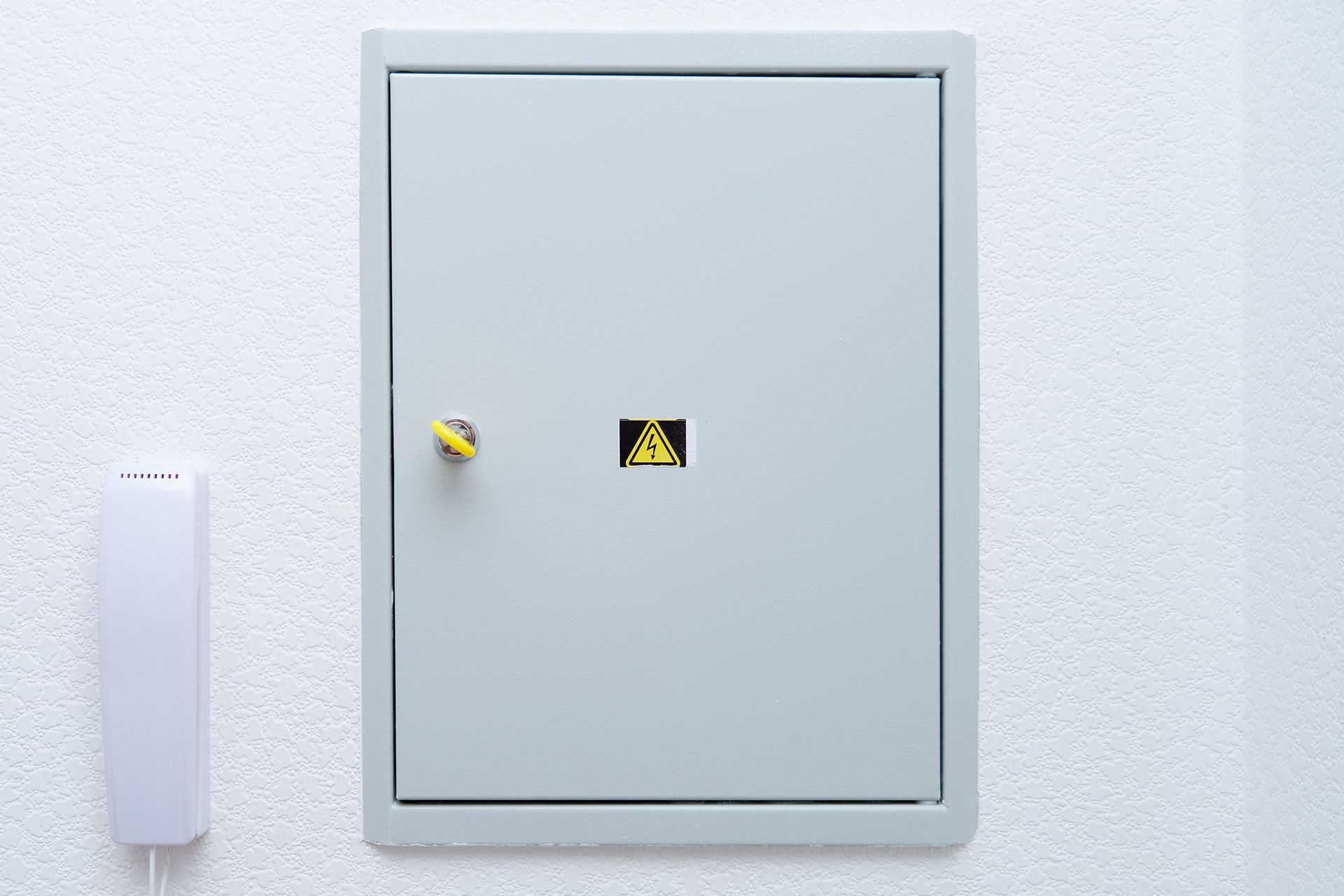 Gray electrical panel on a textured white wall, with a small yellow warning symbol and a door lock.