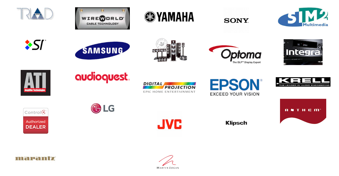 Logos of various audio-visual equipment brands, including Yamaha, Sony, Samsung, Optoma, and Epson.
