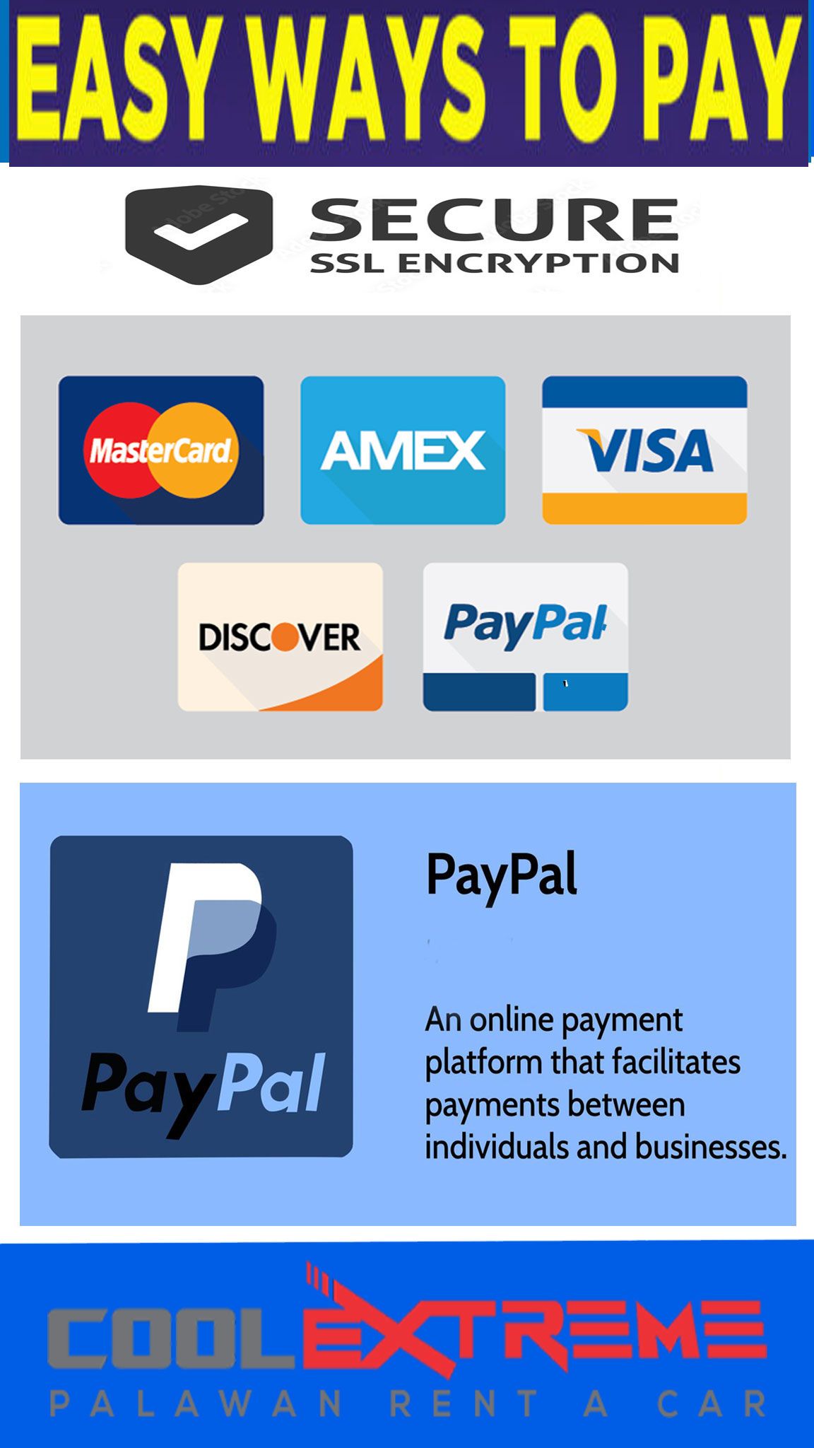 Online Pyment Credit Card, Paypal, Visa, Amex and mastercard availble palawanrentacar,com Online Payment