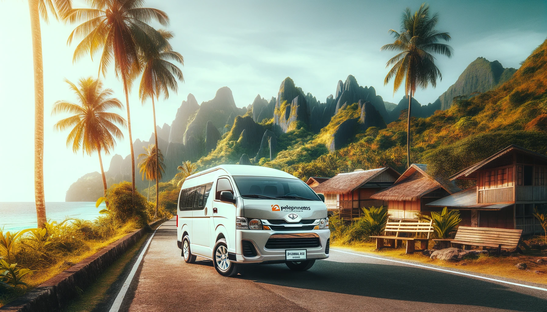 The van is strategically positioned in front of iconic landmarks of Puerto Princesa, Palawan