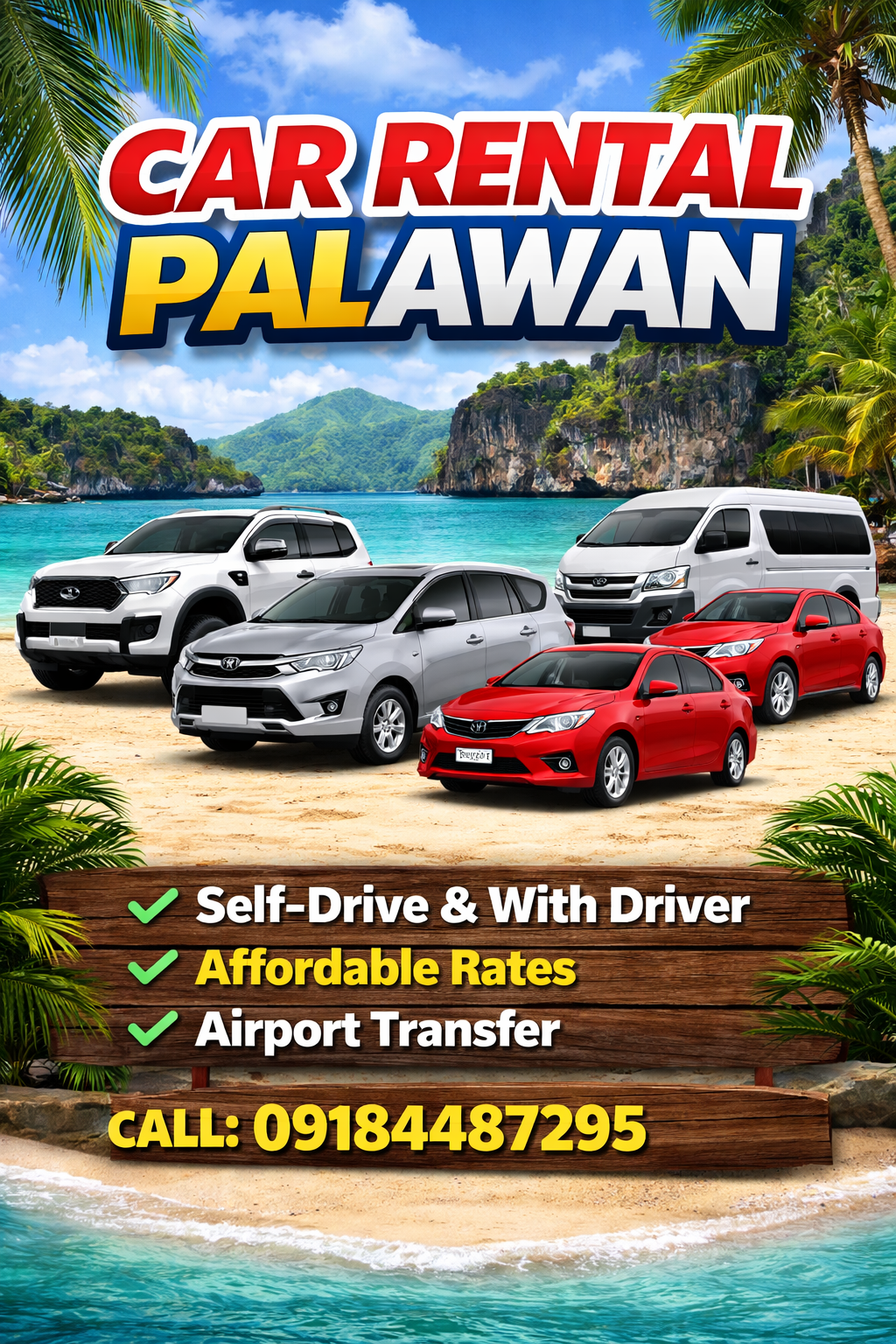 Car rental Palawan vehicles parked near tropical beach with turquoise water and limestone cliffs, promoting affordable self drive car rental in Puerto Princesa and El Nido Palawan with airport pickup service. 