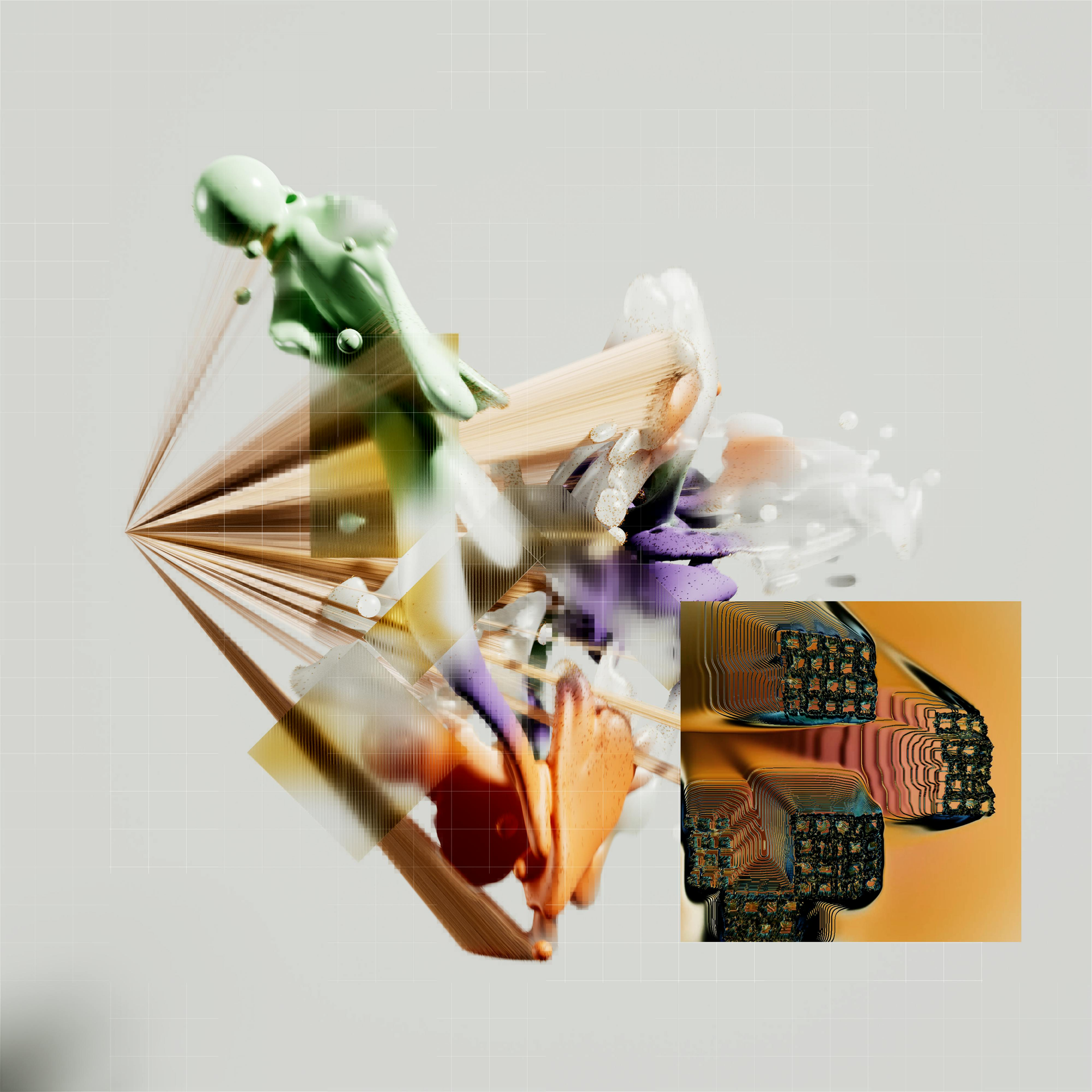 Abstract composition of colorful shapes, including a triangular structure, splatters, and a square with pixelated details.