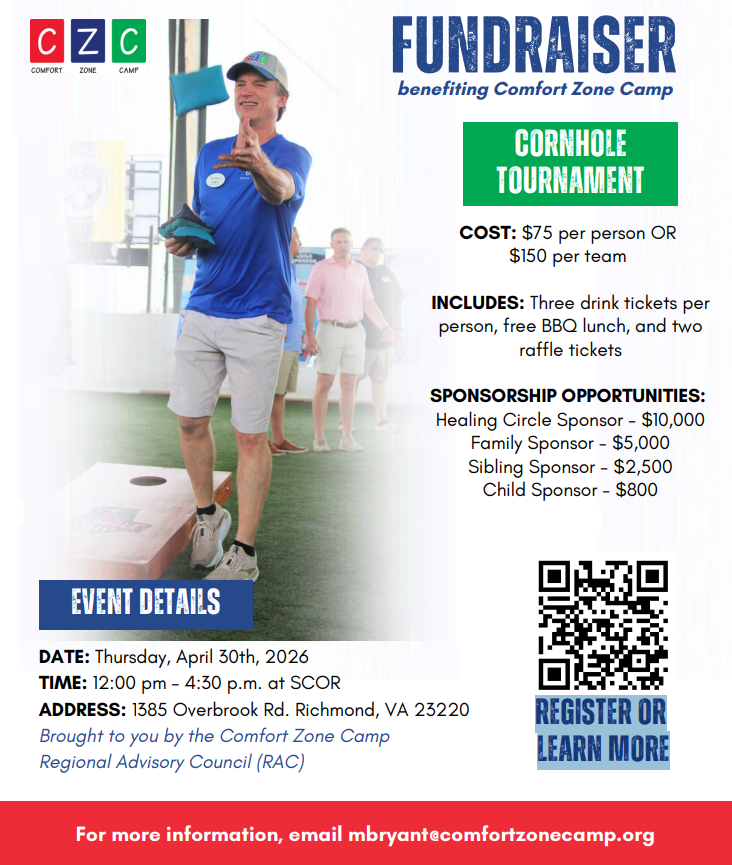 Cornhole fundraiser flyer with golfer image, event details, costs, sponsors, and QR code for registration.