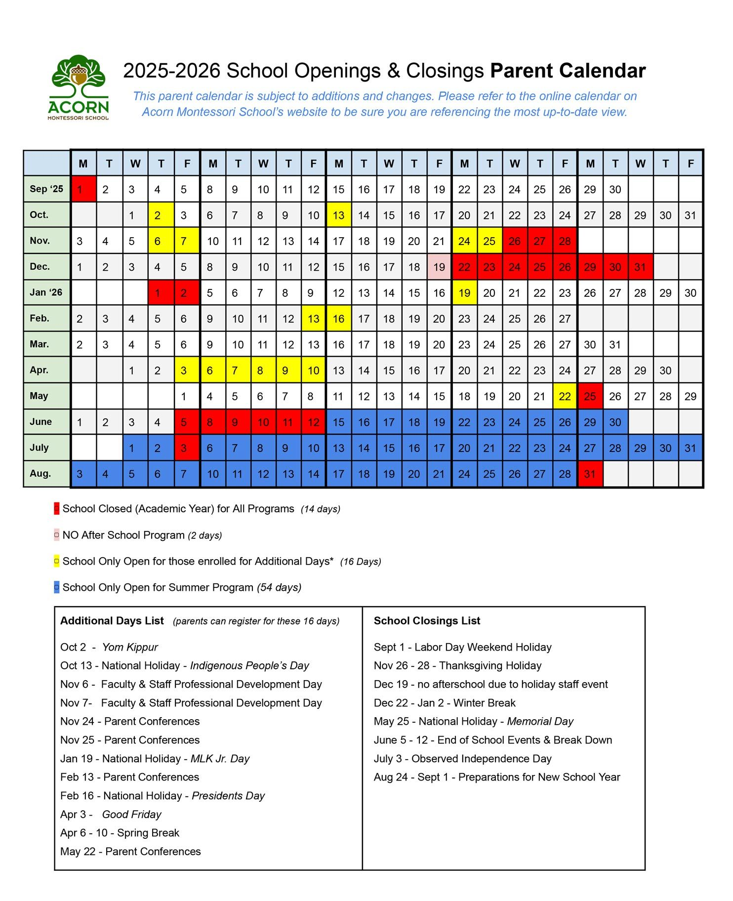 Acorn montessori school openings closings calendar