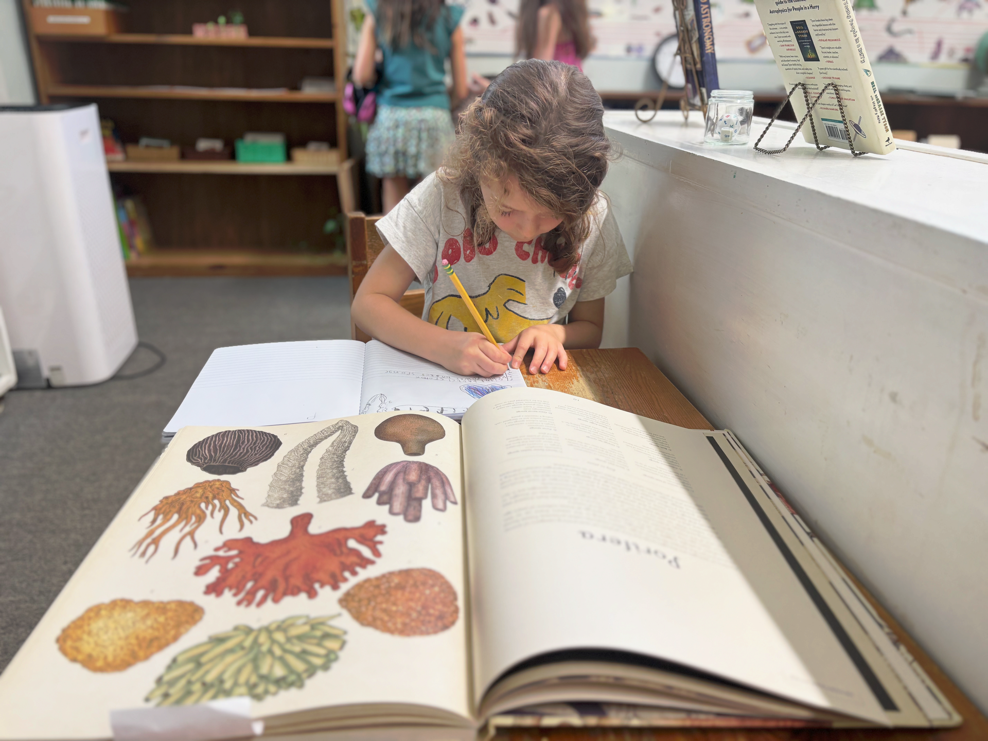 Child coloring in a large book at a library table with leaf and mushroom illustrations