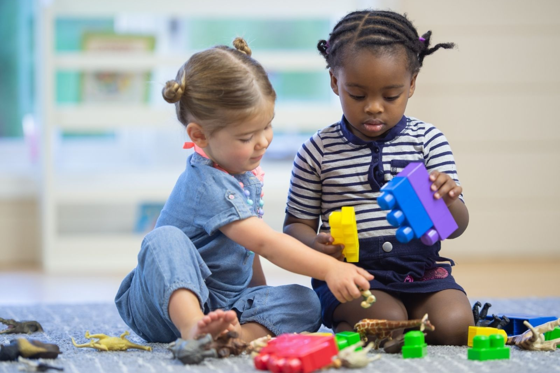 Two young girls sitting on a rug in a Montessori classroom playing together with colorful building blocks and toy animals.