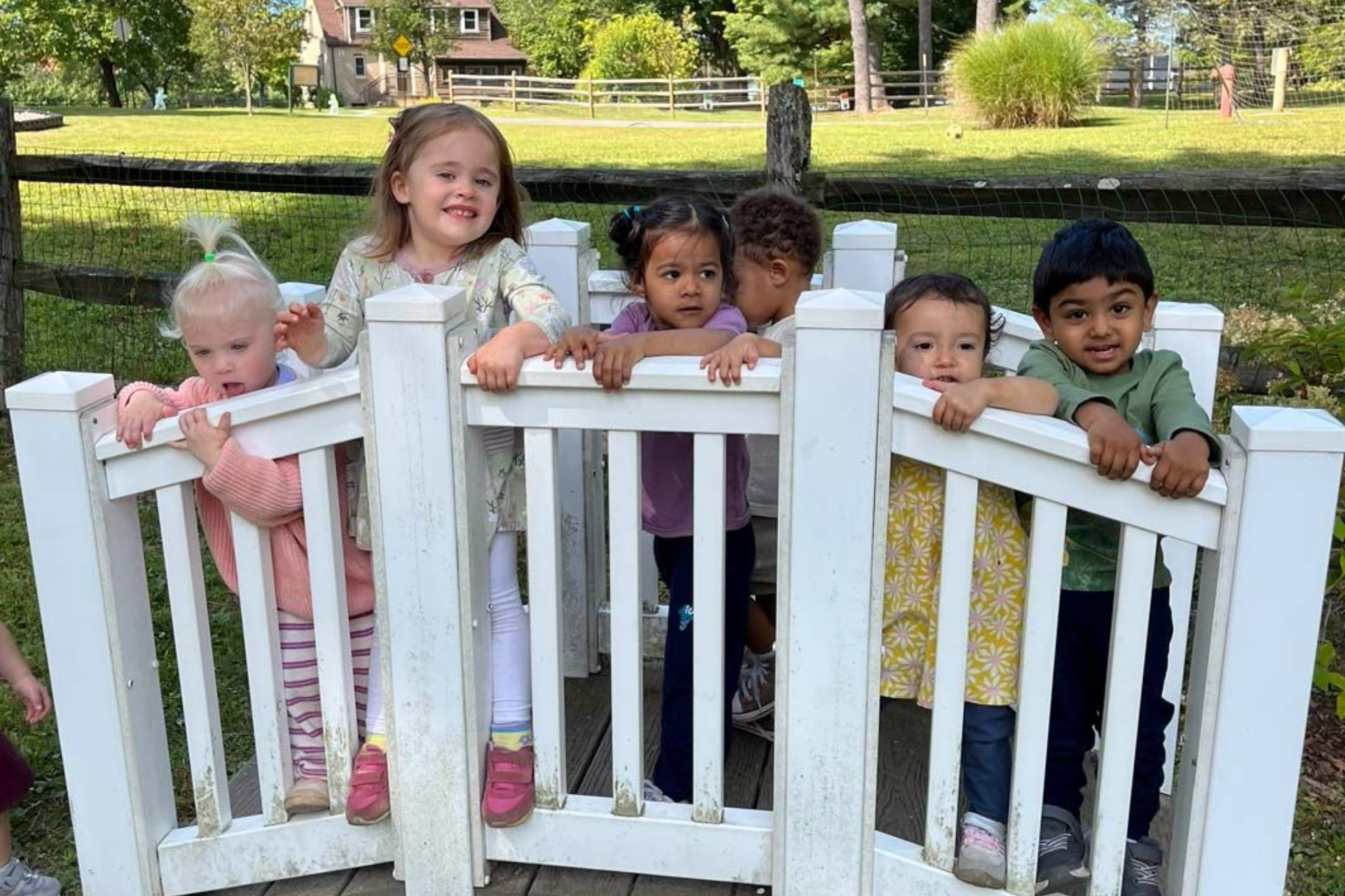 Group of Montessori toddlers leaning over a small white wooden bridge on the playground
