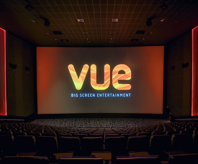 Joypad at VUE - cinema gaming hire - Vue logo over various videogames displayed on cinema screen