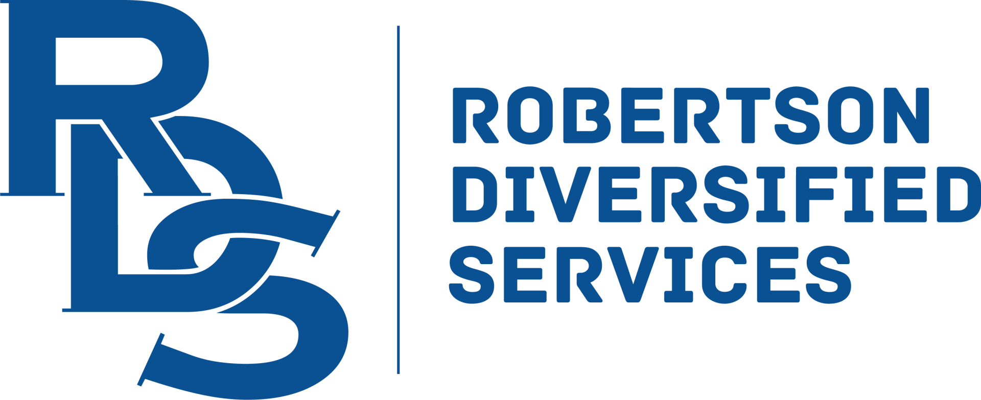 The logo for robertson diversified services is blue and white.