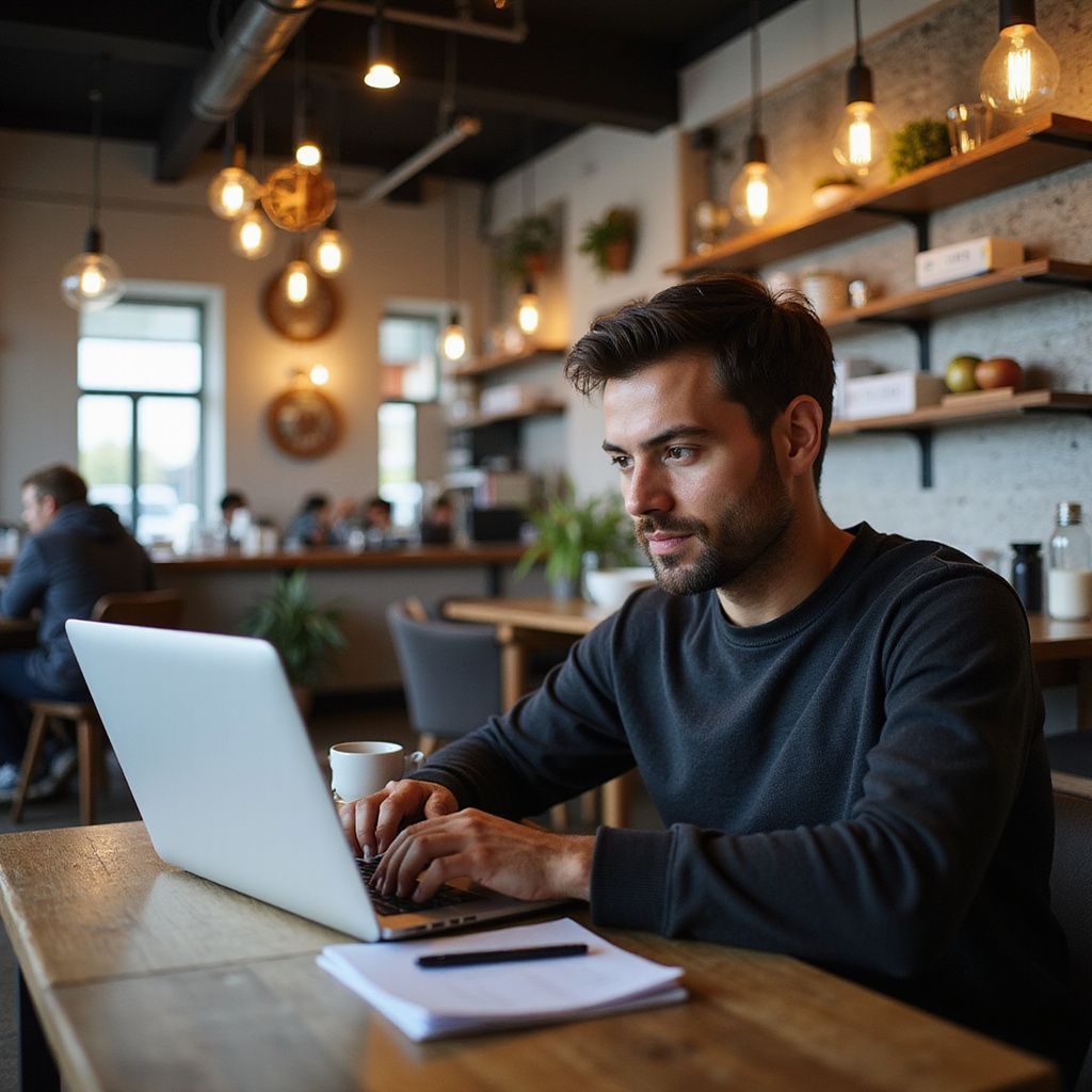 Man in a cafe typing on a laptop, with a coffee and notebook on the table.