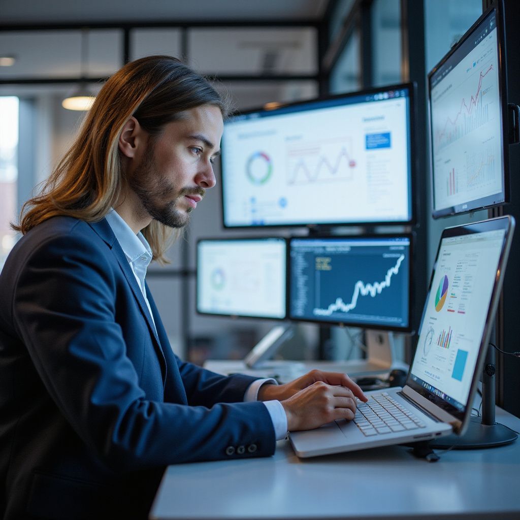 Man in suit working on laptop with multiple monitors displaying charts and data.