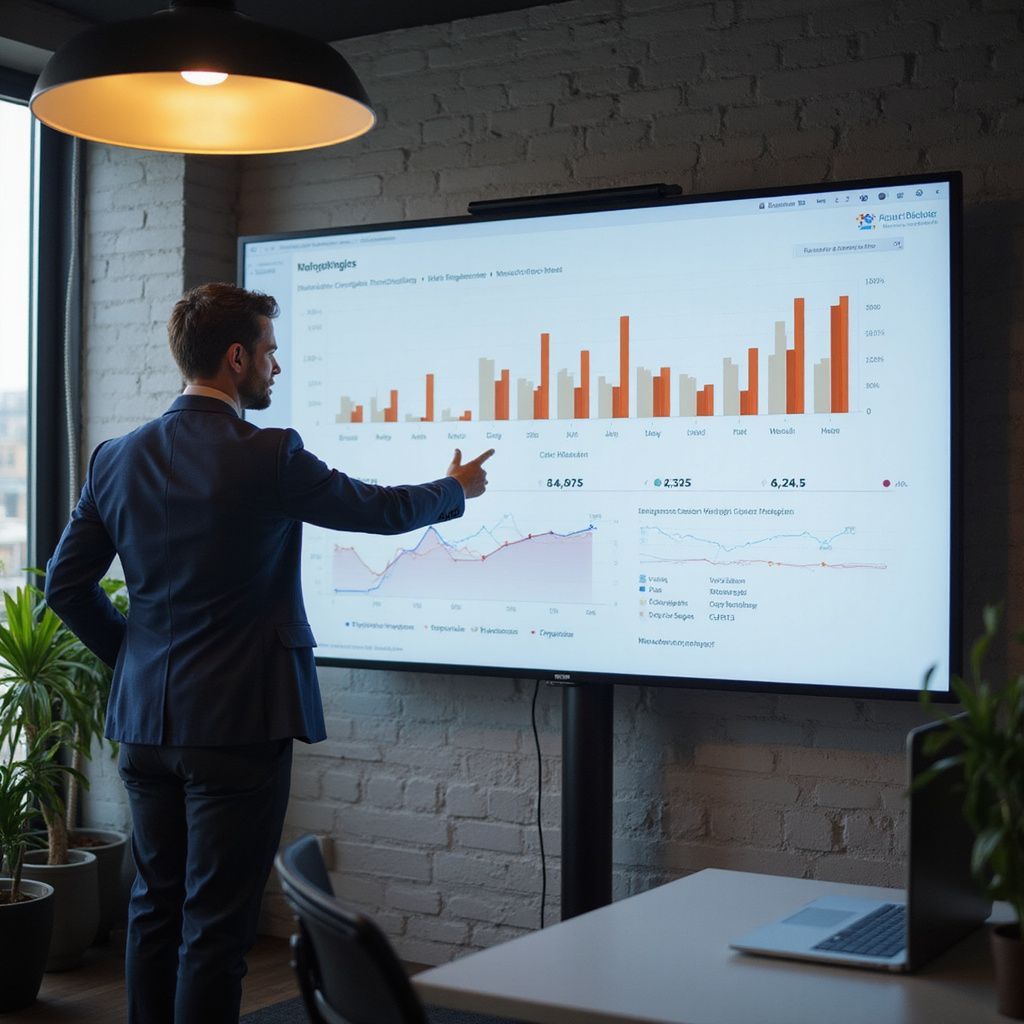 Man in suit points at graphs on a large screen in an office.