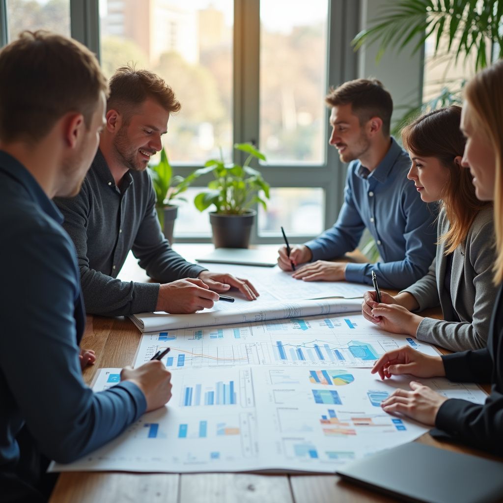 Business team reviewing charts and graphs at a table in a bright office.