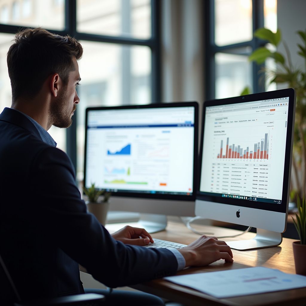 Man in suit working on desktop computers, analyzing charts in office.