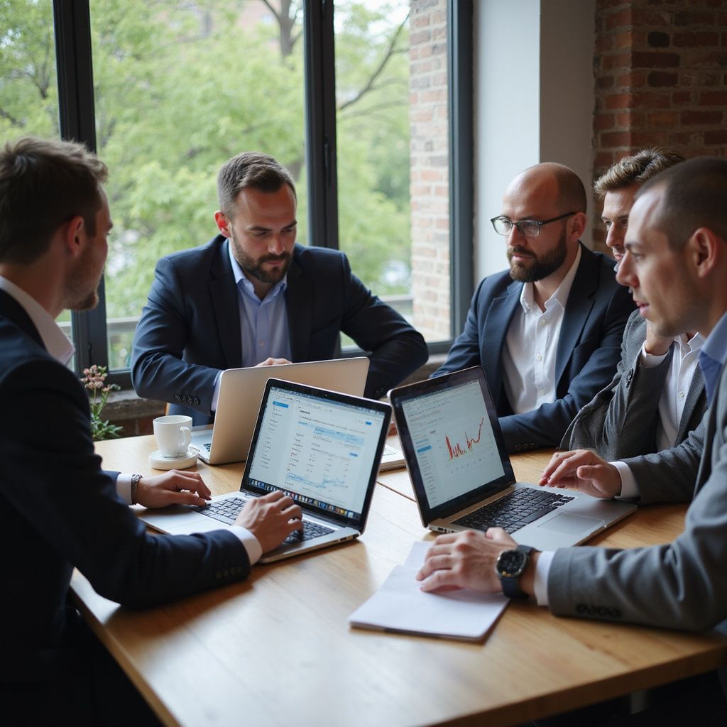 Business team in suits collaborating around a table, looking at laptops displaying data, in an office.