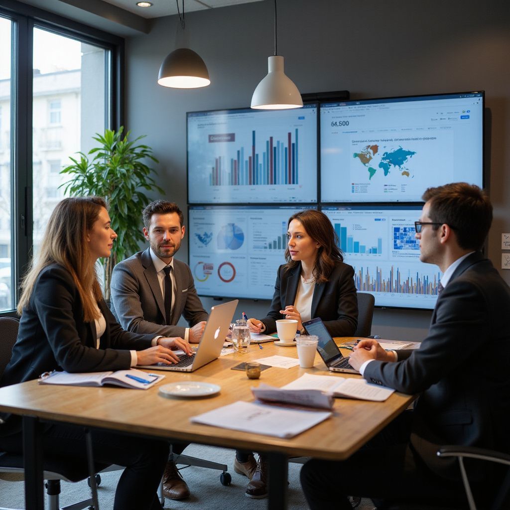 Four businesspeople in suits at a meeting table looking at data on screens and laptops.