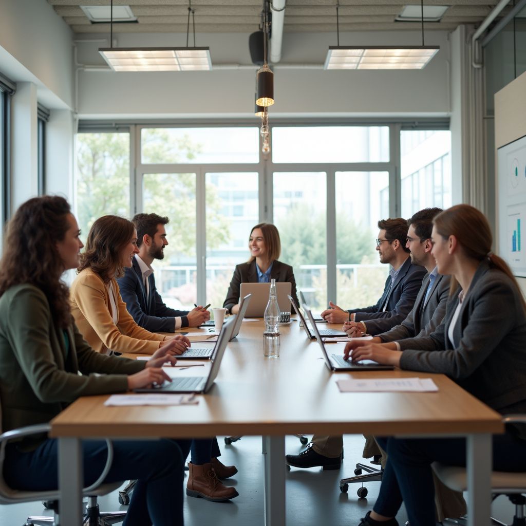 People in business attire at a conference table with laptops, talking in a modern office.