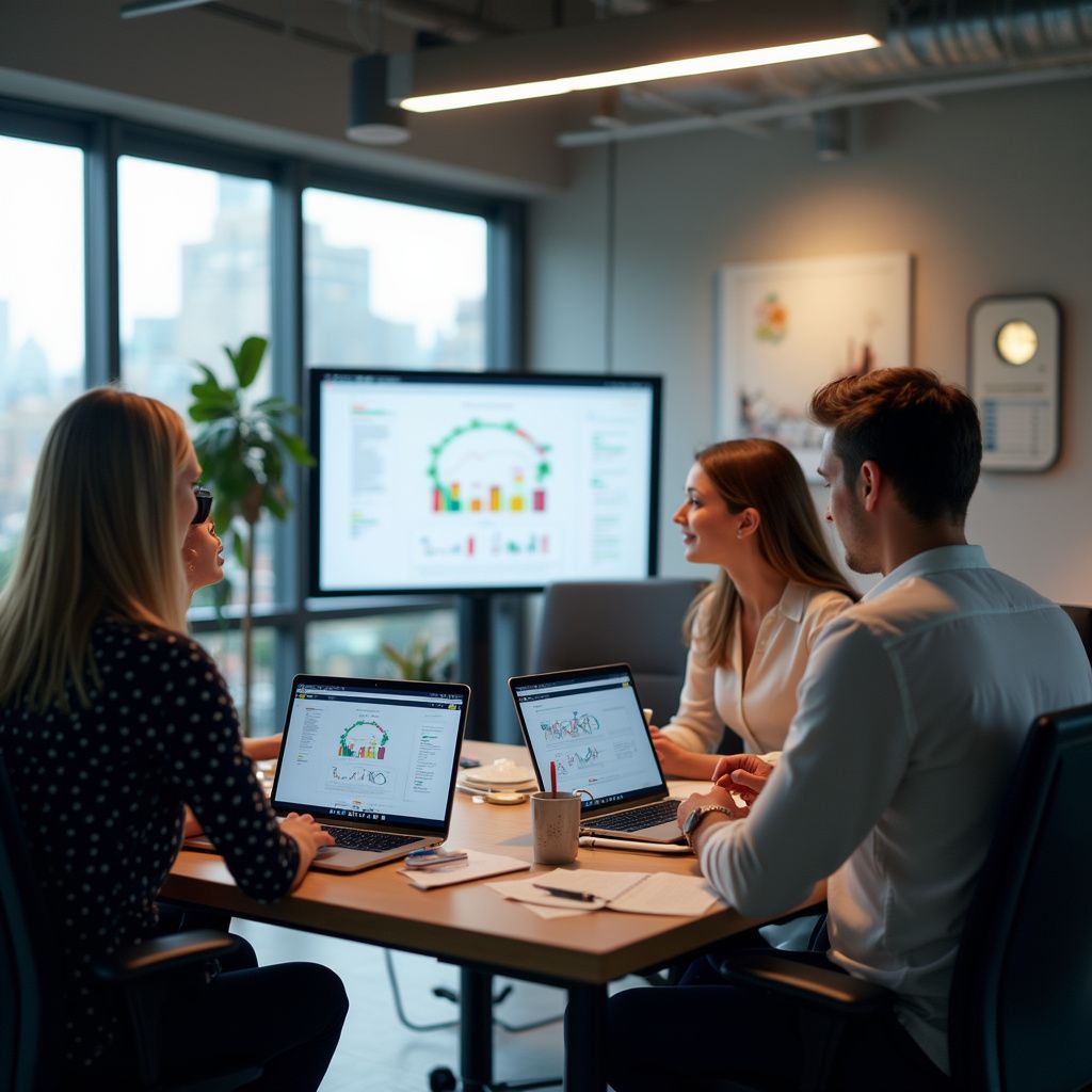 Three people in a modern office, analyzing data on laptops and a large screen.