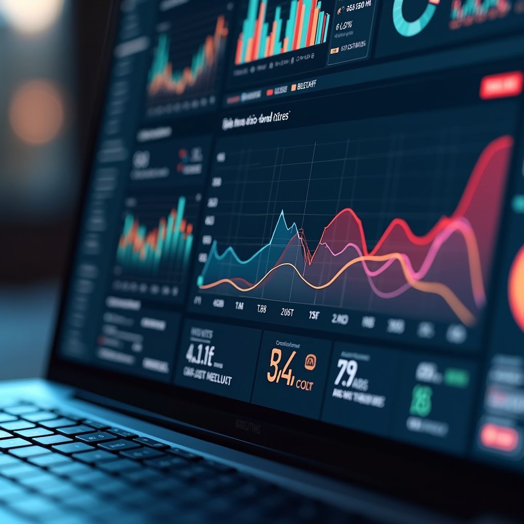 Laptop screen displaying data analytics with colorful charts and graphs.