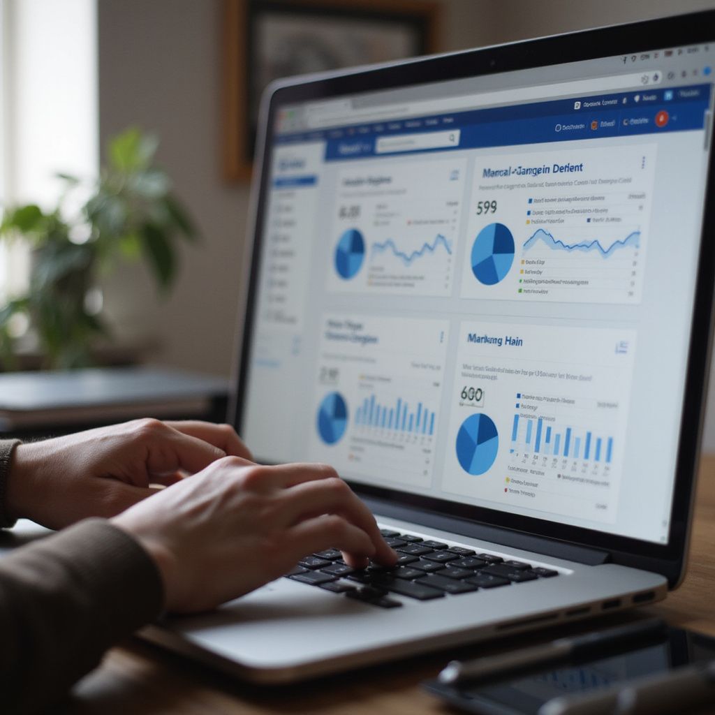 Person typing on a laptop displaying data analytics charts with blue and white color scheme.