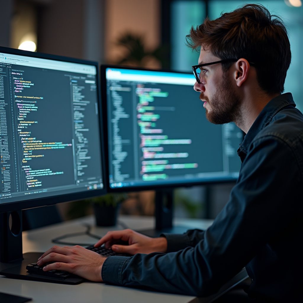 Man wearing glasses, working on code at a computer, in a dimly lit setting.