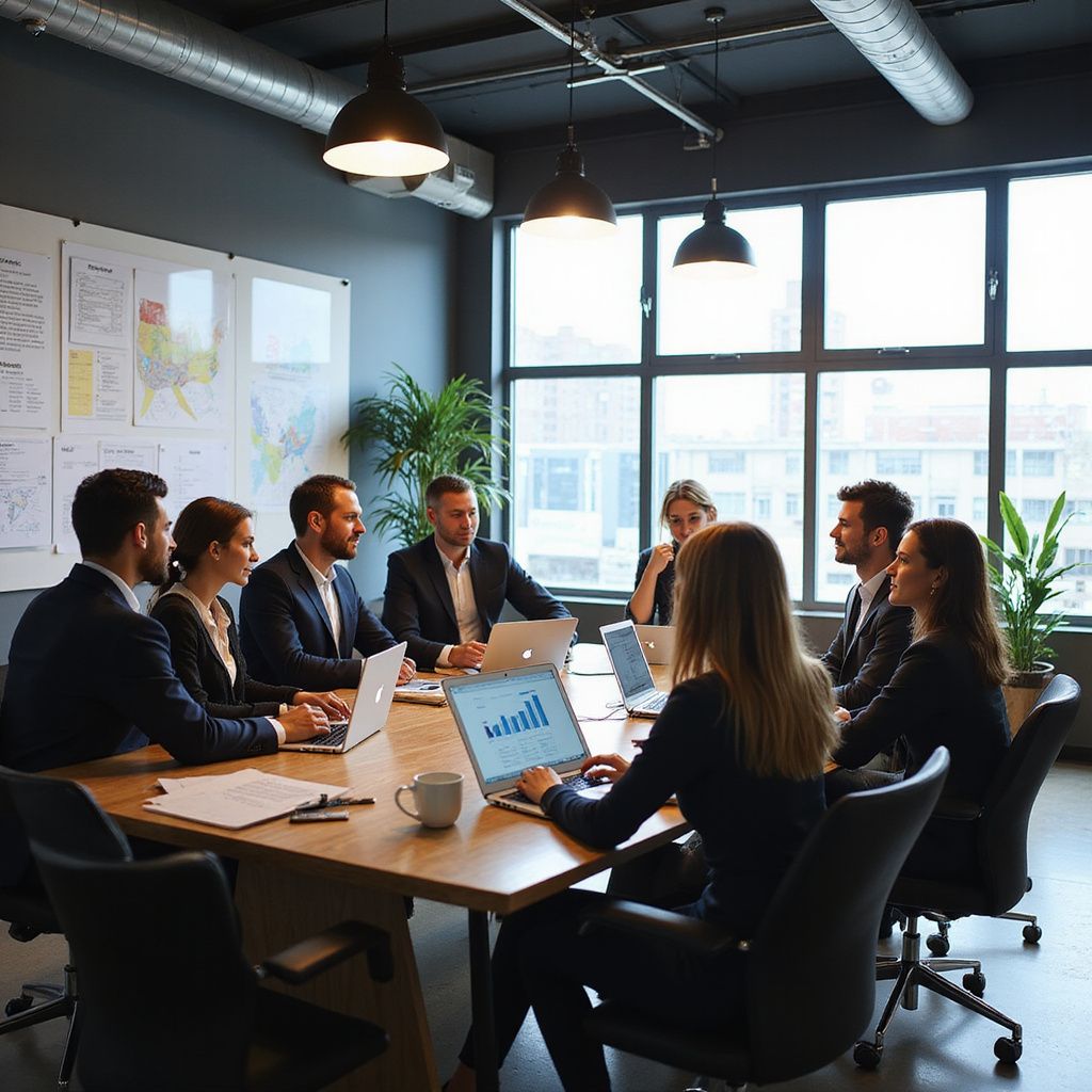 People in business attire at a conference table, using laptops. Well-lit office with blueprints and a window.