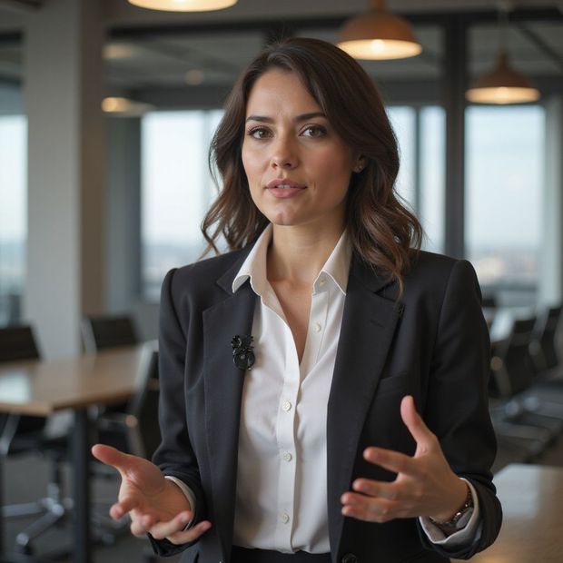 Woman in suit gestures in an office, speaking to the camera.