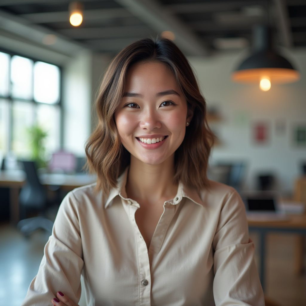 Woman in beige shirt smiles at the camera, arms crossed. Office background with overhead lights.