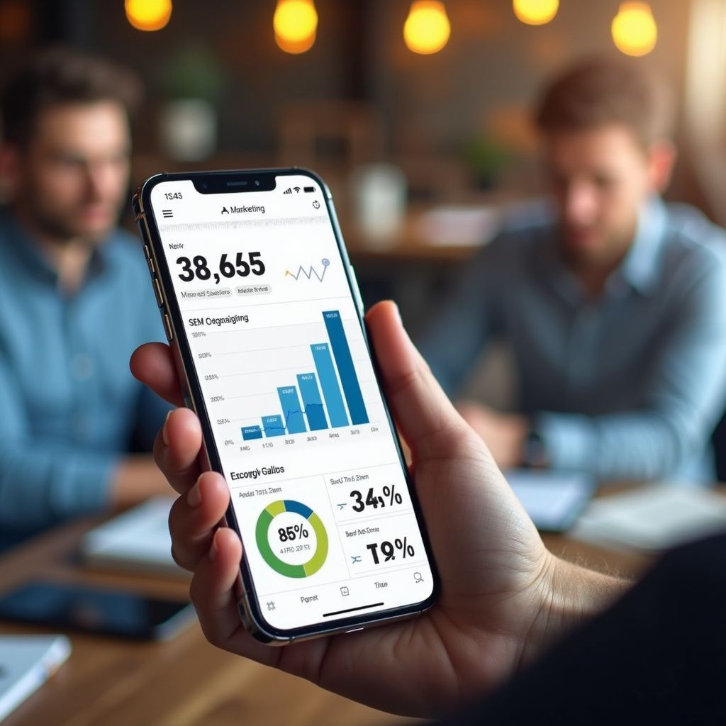 Person holding phone displaying business data, meeting in background.