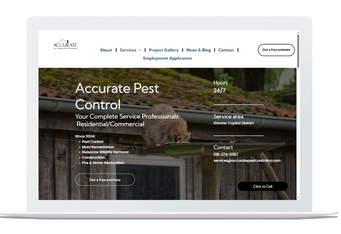Laptop screen displaying the Accurate Pest Control website with squirrel on wooden structure.