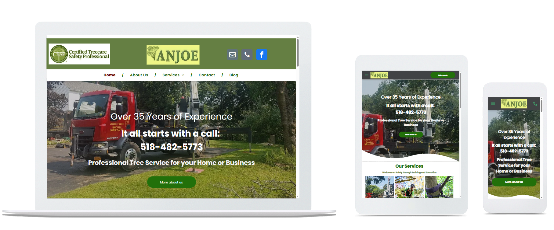 Website displayed on a laptop, tablet, and smartphone; red truck on the webpage.