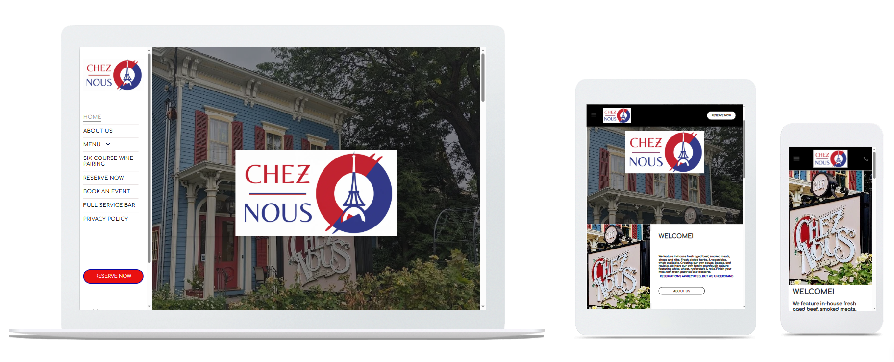 Website design on laptop, tablet, and smartphone screens. 