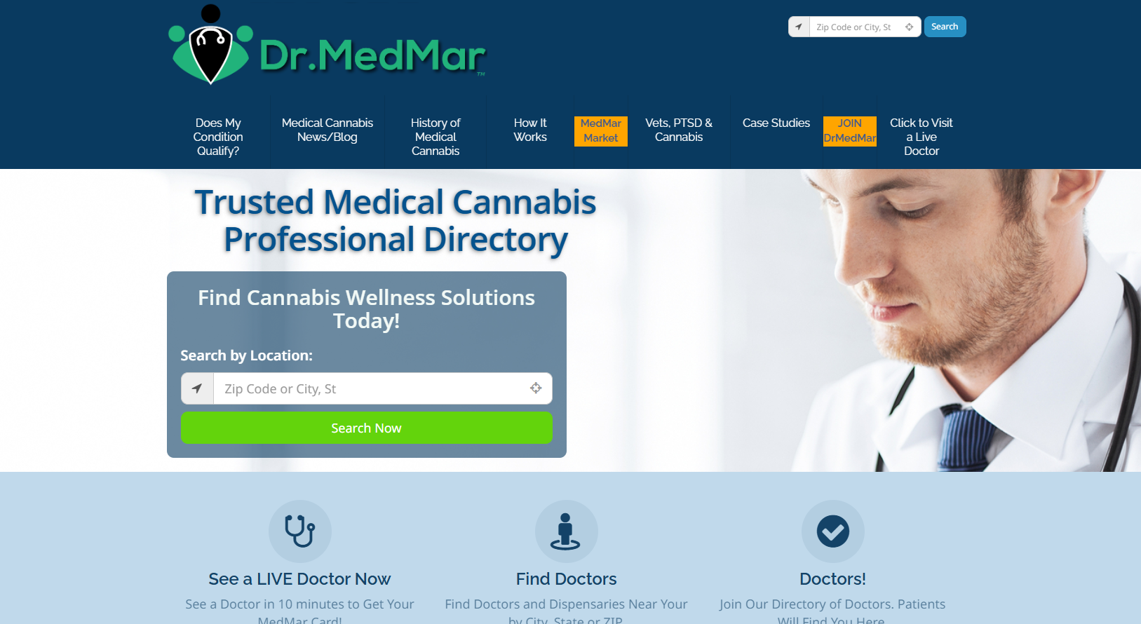 Dr.MedMar website, a directory for medical cannabis professionals. Man in lab coat. Search bar with location field.