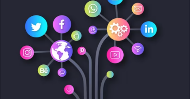 Social media icons branching from a central globe and gear icons, representing digital connections.