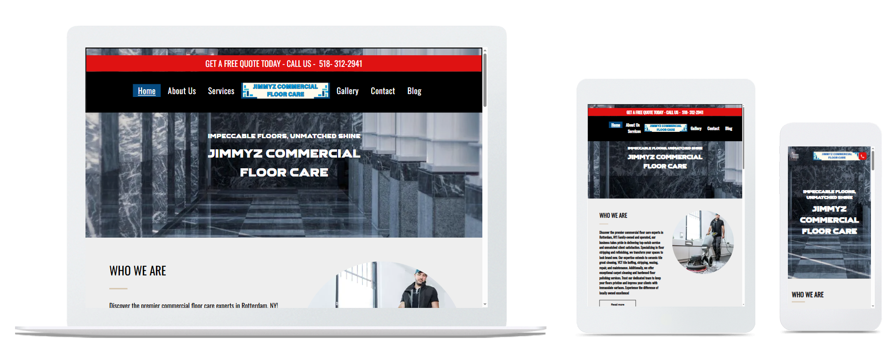 Website design, responsive layout on laptop, tablet, and smartphone. Red, black, and white color scheme.