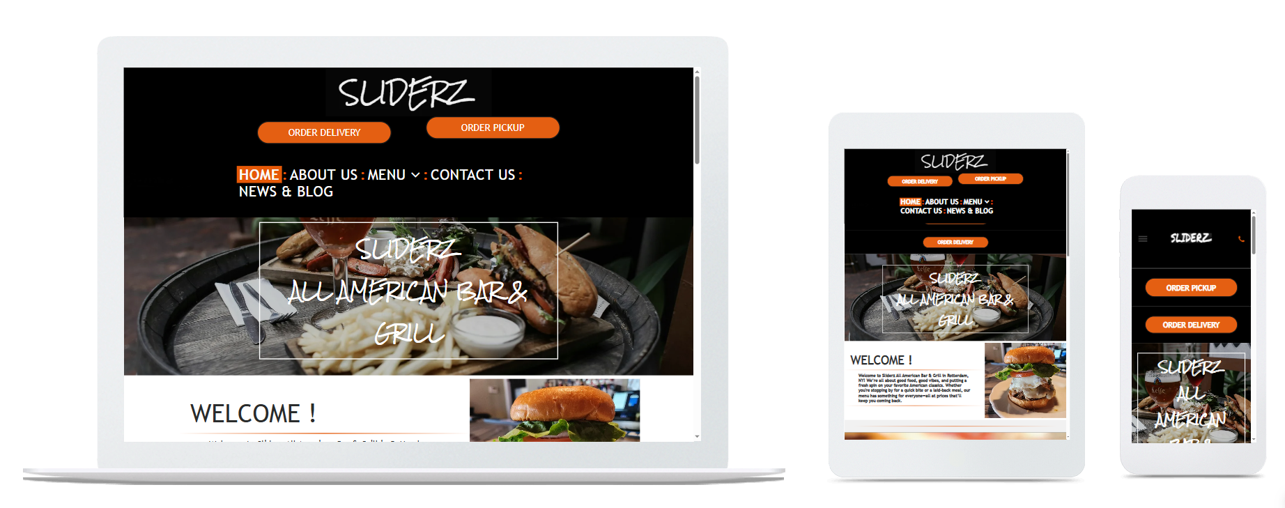 Website design on a laptop, tablet, and smartphone screens. Black and orange color scheme.