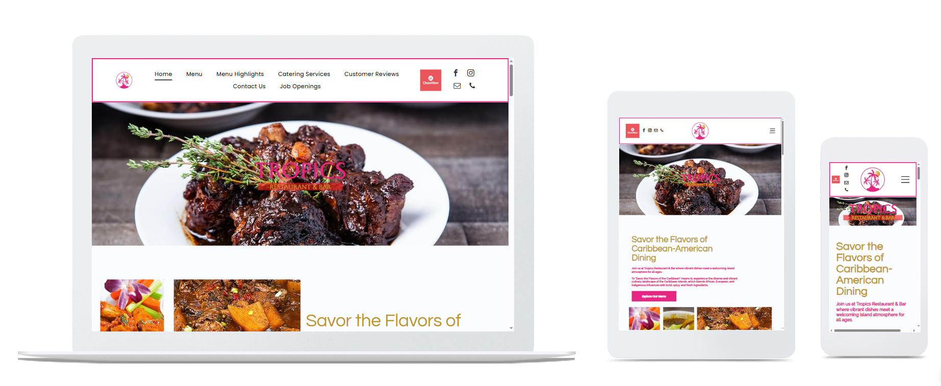 Website design, responsive layout on laptop, tablet, and smartphone. Red, black, and white color scheme.
