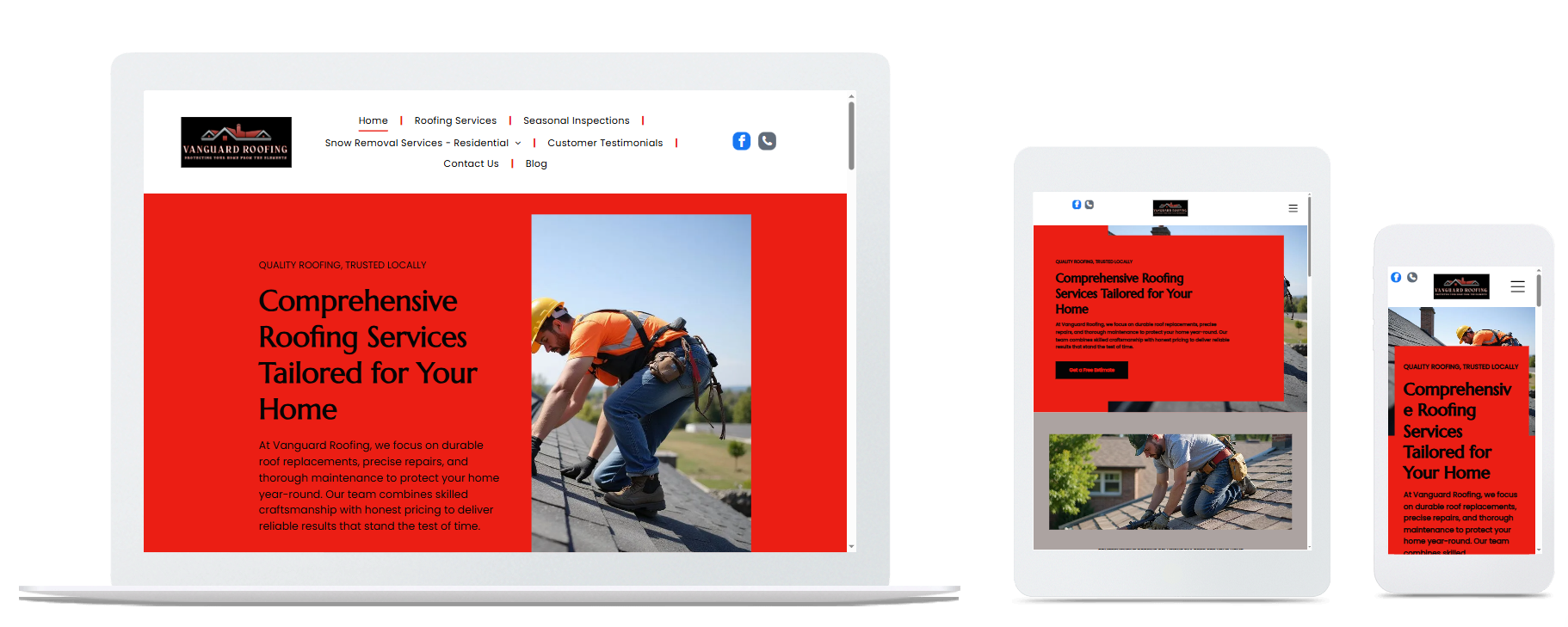 Website displayed on laptop, tablet, and phone; red background with roof repair worker and text.