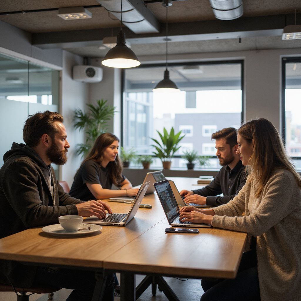 Four people working at a wooden table with laptops in a modern office setting.