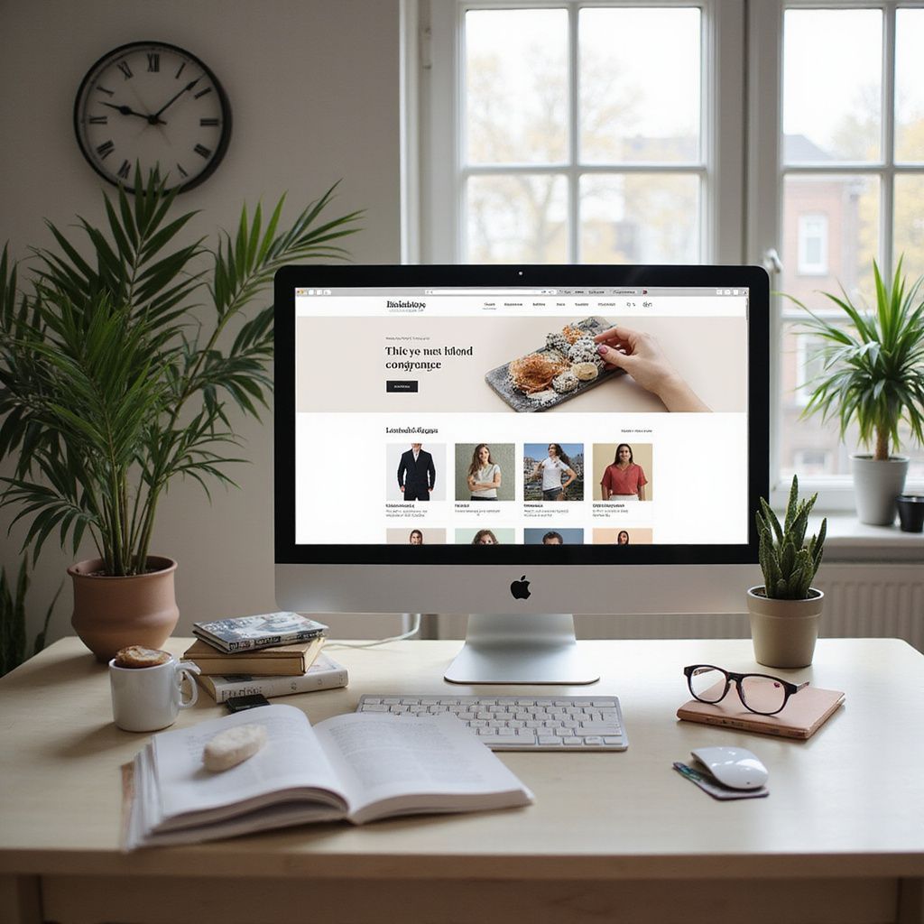 Computer setup with a website displayed; plants, books, and accessories on a wooden desk near a window.