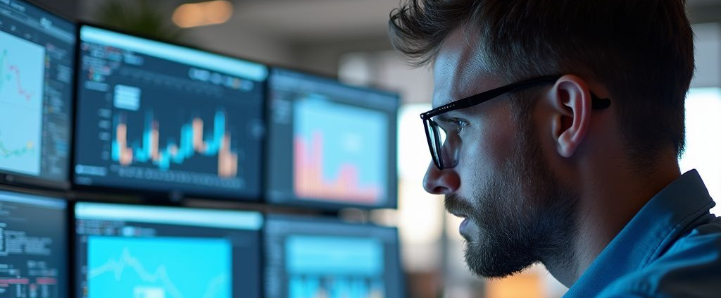 Man with glasses looks at multiple computer screens displaying charts.