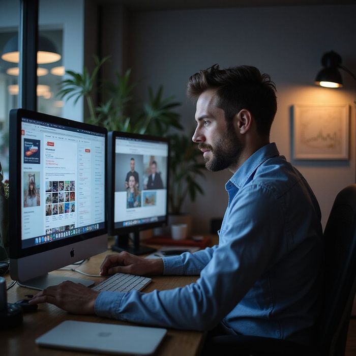 Man working on two computer monitors at a desk in a home office.