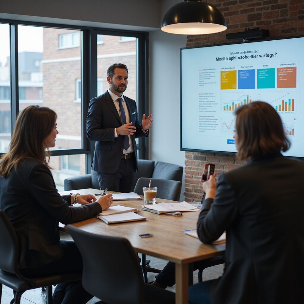 Man in suit presents to colleagues at table; charts displayed on screen in modern office.