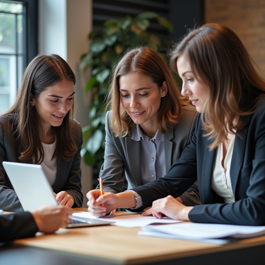 Three women in business attire at a table, looking at papers and laptop, collaborating.