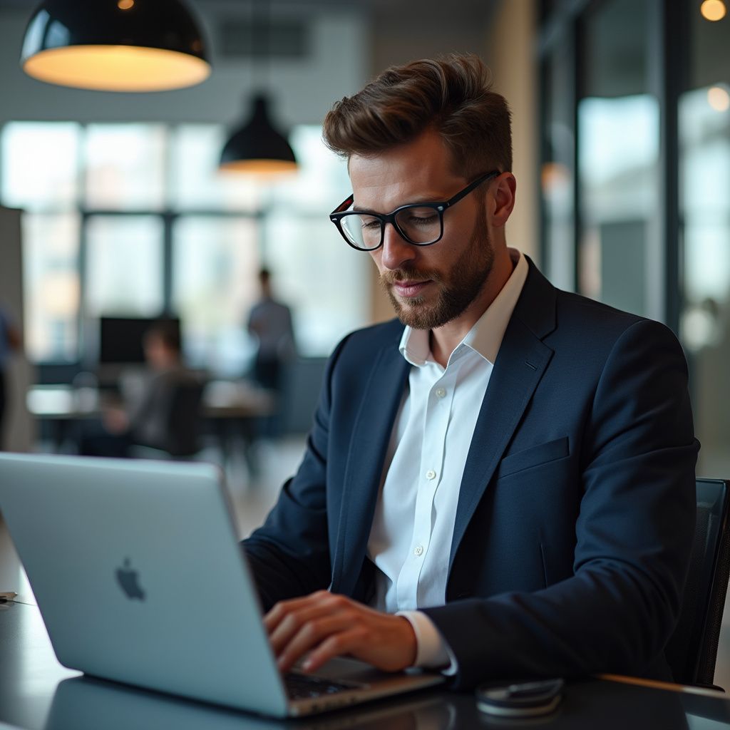 Man in suit and glasses typing on laptop in an office.