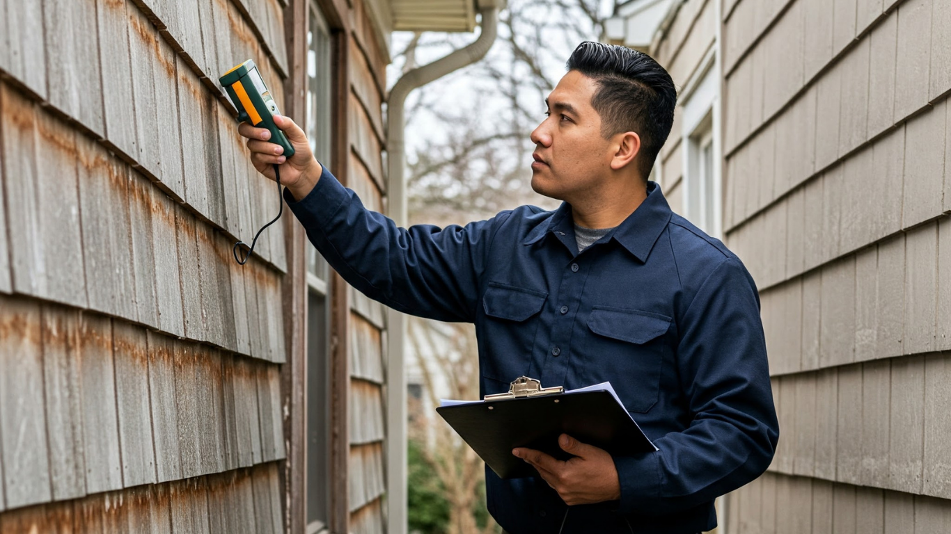 Man inspecting siding with a handheld device and clipboard outside a building.